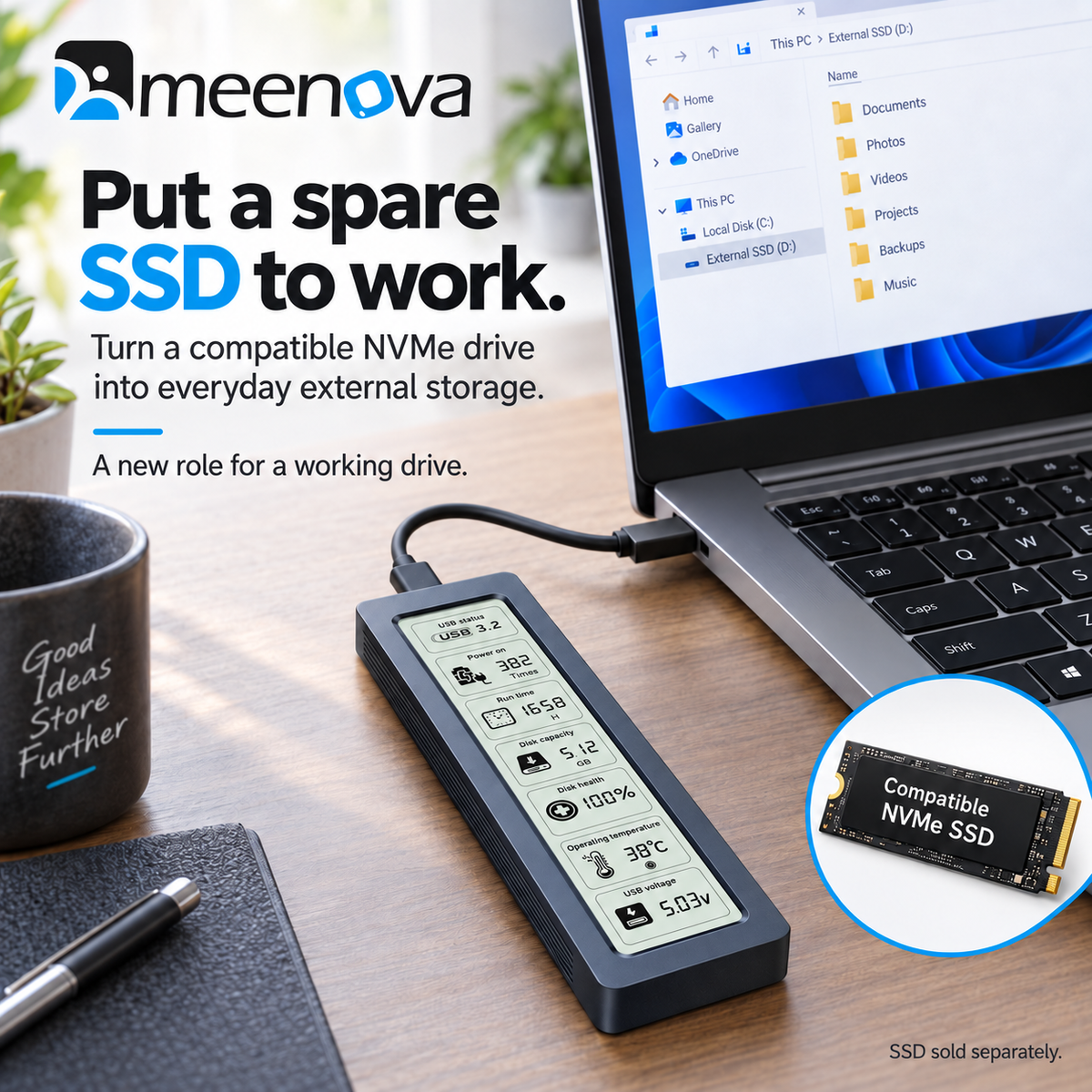 Meenova 20Gbps Smart Display M.2 NVMe/SATA SSD Enclosure – USB 3.2 Gen 2x2 Type-C, 2230/2242/2260/2280, Real-Time Drive Monitoring