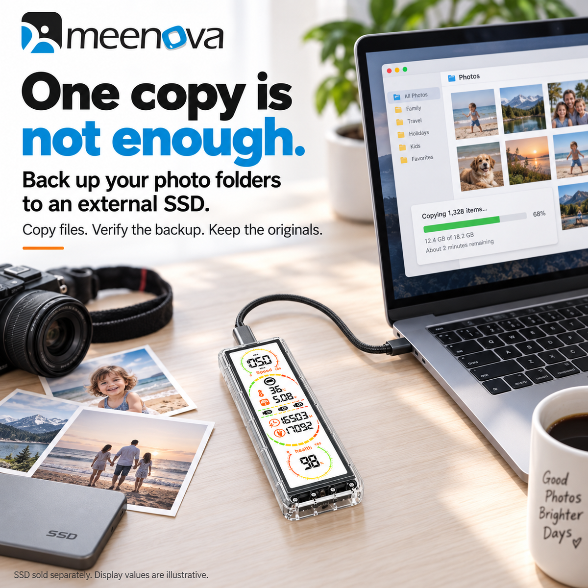 Meenova HS10G-3 Smart Display M.2 SSD Enclosure – 10Gbps USB-C NVMe/SATA SSD Case with Real-Time Drive Monitoring
