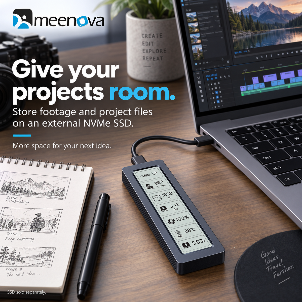 Meenova 20Gbps Smart Display M.2 NVMe/SATA SSD Enclosure – USB 3.2 Gen 2x2 Type-C, 2230/2242/2260/2280, Real-Time Drive Monitoring