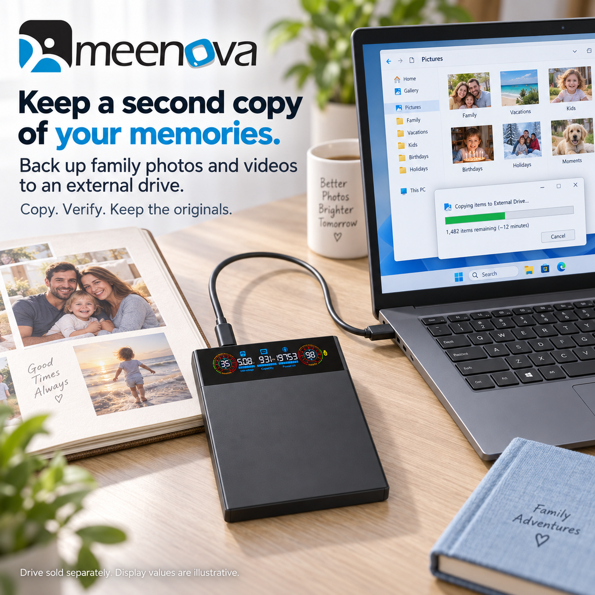 Meenova 2.5" Smart Display SATA HDD/SSD Enclosure, USB 3.2 Gen 1, 5Gbps External Hard Drive Case with Real-Time Health, Temperature, Voltage & Capacity Monitoring, for 7mm/9.5mm SATA Drives