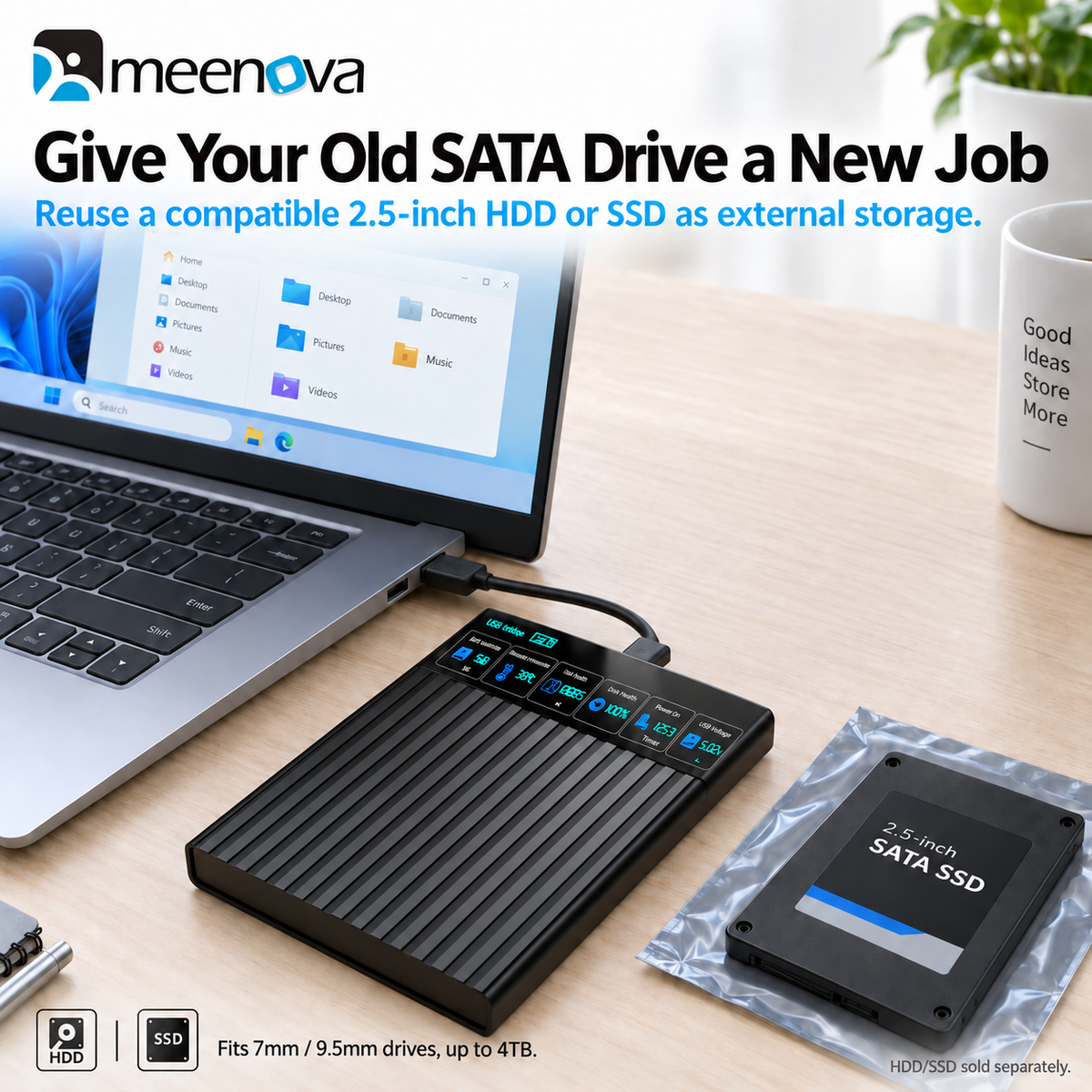 Meenova 2.5-Inch Smart SATA HDD/SSD Enclosure with Digital Drive Monitor, USB 3.2 Gen 1, 5Gbps, Up to 4TB