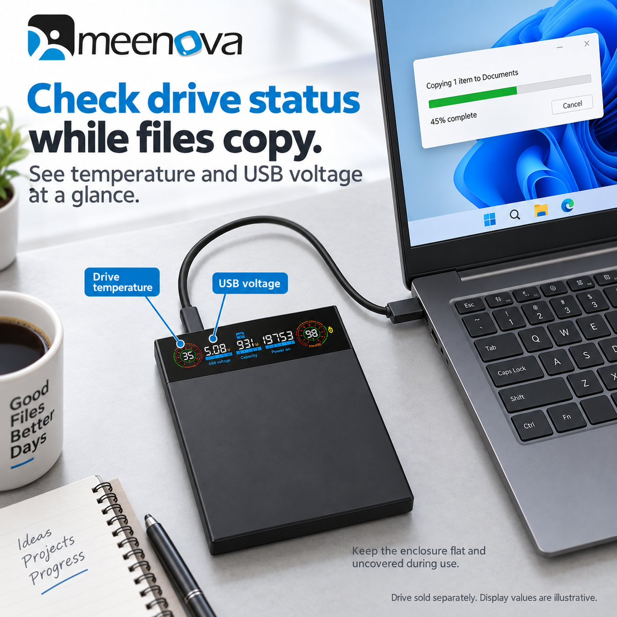 Meenova 2.5" Smart Display SATA HDD/SSD Enclosure, USB 3.2 Gen 1, 5Gbps External Hard Drive Case with Real-Time Health, Temperature, Voltage & Capacity Monitoring, for 7mm/9.5mm SATA Drives