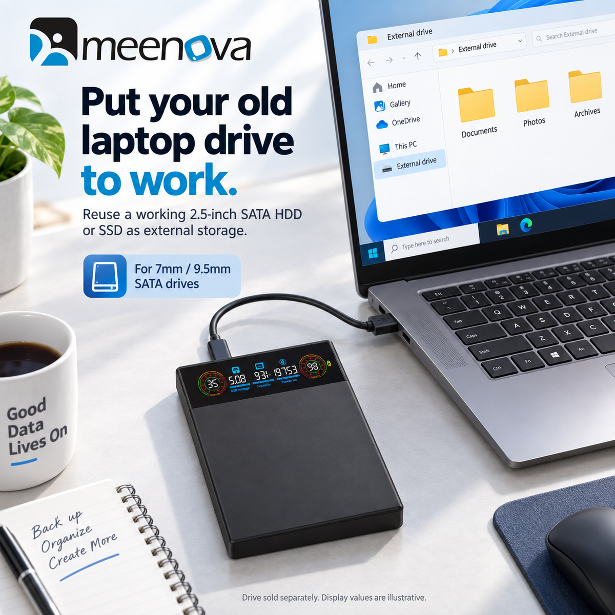 Meenova 2.5" Smart Display SATA HDD/SSD Enclosure, USB 3.2 Gen 1, 5Gbps External Hard Drive Case with Real-Time Health, Temperature, Voltage & Capacity Monitoring, for 7mm/9.5mm SATA Drives
