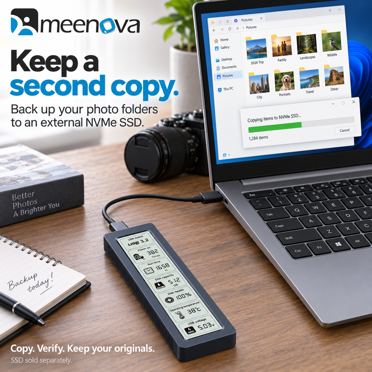 Meenova 20Gbps Smart Display M.2 NVMe/SATA SSD Enclosure – USB 3.2 Gen 2x2 Type-C, 2230/2242/2260/2280, Real-Time Drive Monitoring