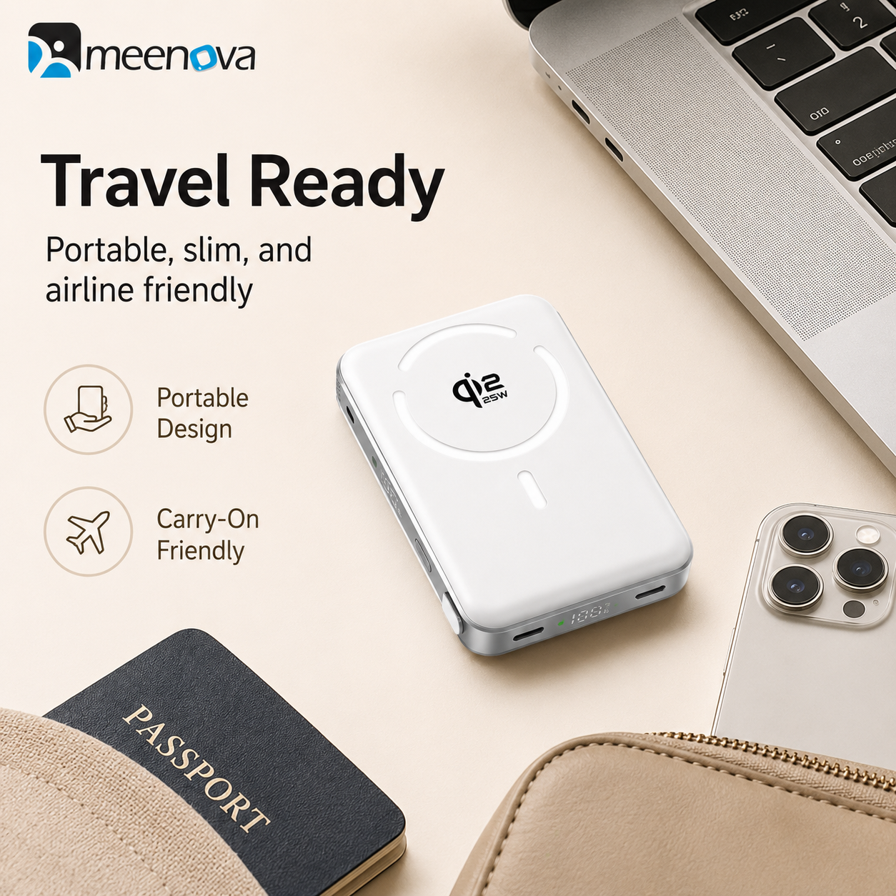 Meenova Qi2.2 25W Magnetic Power Bank 10000mAh with 35W PD Fast Charging, Detachable USB-C Cable & Kickstand