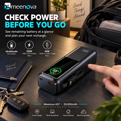Meenova 20,000mAh 100W Travel Power Bank – Flight, Train & Subway Friendly, Compatible with iPhone 18 Pro Max, iPhone Duo, Apple & Samsung, Built-In Cable, Battery Display, PD/QC/PPS/SCP/FCP, USB-C & USB-A Charging for MacBook and iPad