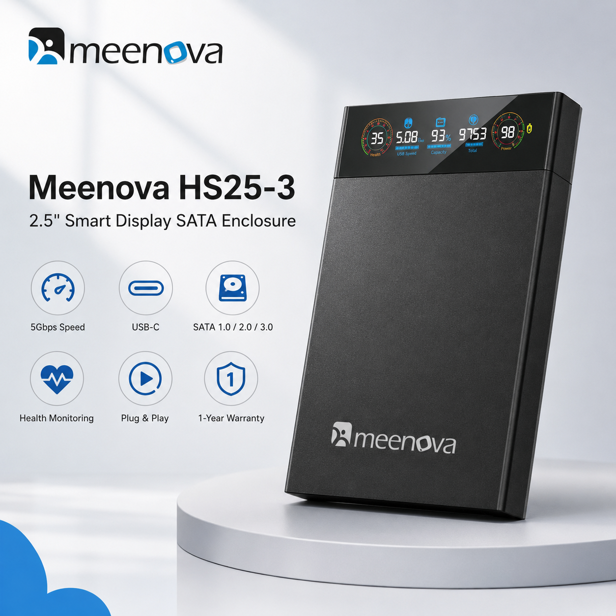 Meenova 2.5" Smart Display SATA HDD/SSD Enclosure, USB 3.2 Gen 1 5Gbps External Hard Drive Case with Real-Time Health, Temperature, Voltage & Capacity Monitoring, for 7mm/9.5mm SATA Drives