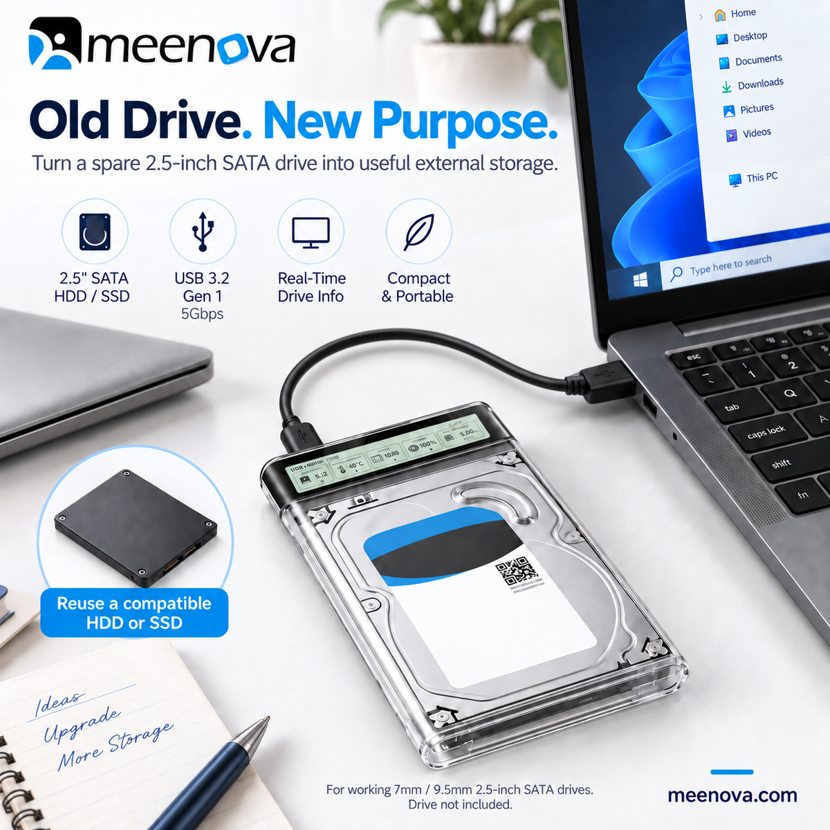 Meenova Smart Display 2.5" SATA HDD/SSD Enclosure – USB 3.2 Gen 1 5Gbps, Real-Time Drive Monitoring, Tool-Free External Hard Drive Case