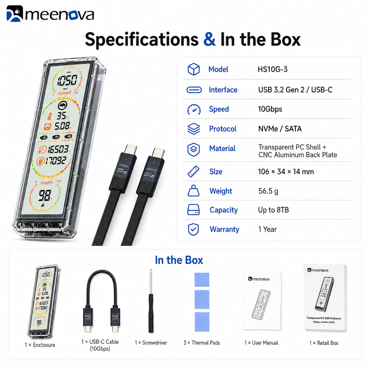 Meenova HS10G-3 Smart Display M.2 SSD Enclosure – 10Gbps USB-C NVMe/SATA SSD Case with Real-Time Drive Monitoring