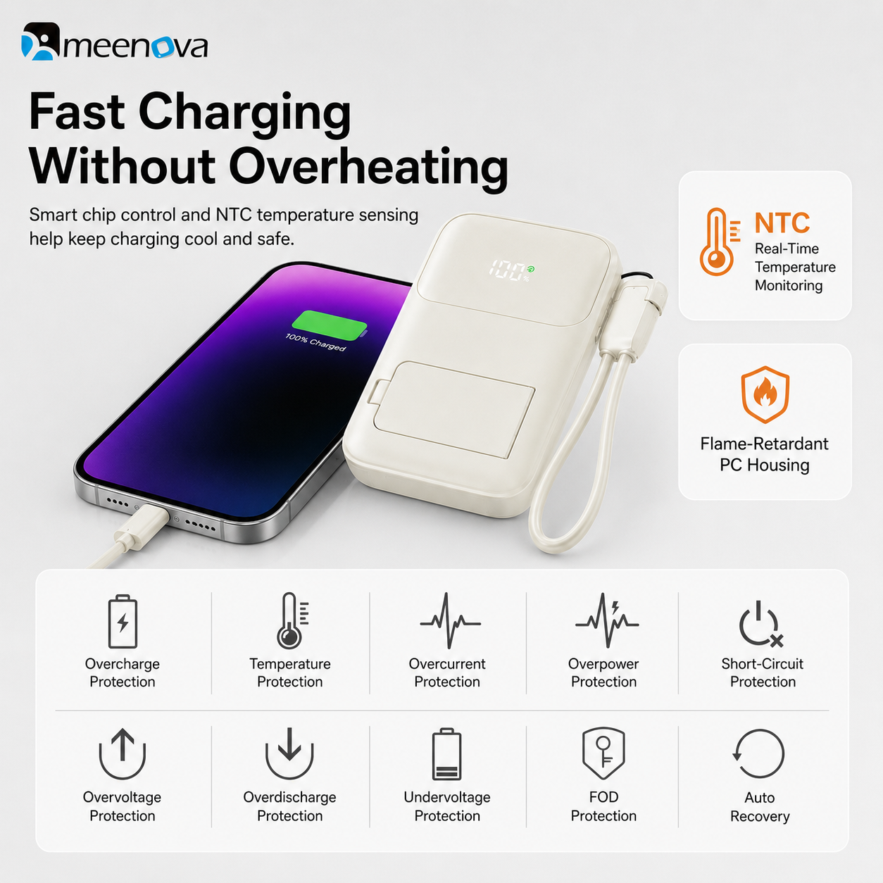 Meenova 10000mAh 3-in-1 Magnetic Wireless Power Bank with AC Wall Charger, Built-in USB-C & Lightning Cables, 22.5W Fast Charging, 15W Magnetic Charging & Kickstand