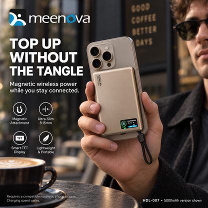 Meenova HDL-007 Ultra-Slim Magnetic Power Bank with Built-in USB-C Lanyard Cable, 15W Wireless Charging, 20W PD & TFT Display, Compatible with iPhone 18 Pro Max & iPhone Duo
