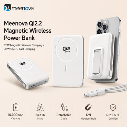Meenova Qi2.2 25W Magnetic Power Bank 10000mAh with 35W PD Fast Charging, Detachable USB-C Cable & Kickstand