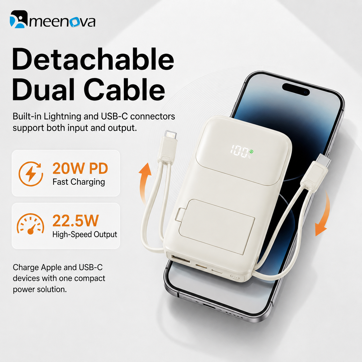 Meenova 10000mAh 3-in-1 Magnetic Wireless Power Bank with AC Wall Charger, Built-in USB-C & Lightning Cables, 22.5W Fast Charging, 15W Magnetic Charging & Kickstand