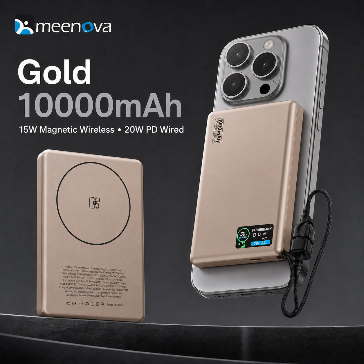 Meenova HDL-007 Ultra-Slim Magnetic Power Bank with Built-in USB-C Lanyard Cable, 15W Wireless Charging, 20W PD & TFT Display