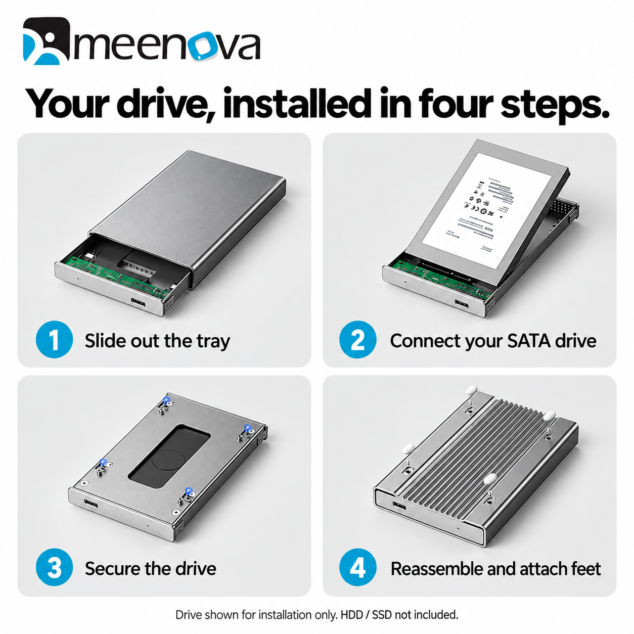 Meenova 2.5-Inch SATA HDD/SSD Enclosure, USB-C 5Gbps Aluminum Case with 2-in-1 Cable