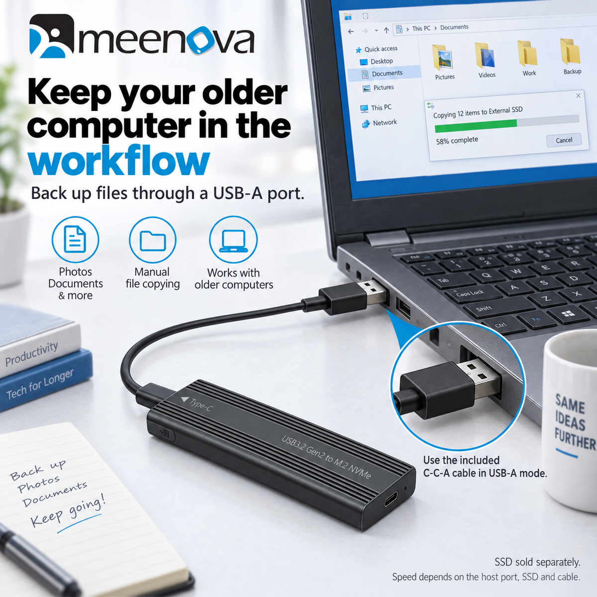 Meenova 10Gbps M.2 NVMe SSD Enclosure with C-C-A Cable – USB 3.2 Gen 2 Type-C Tool-Free Aluminum Case