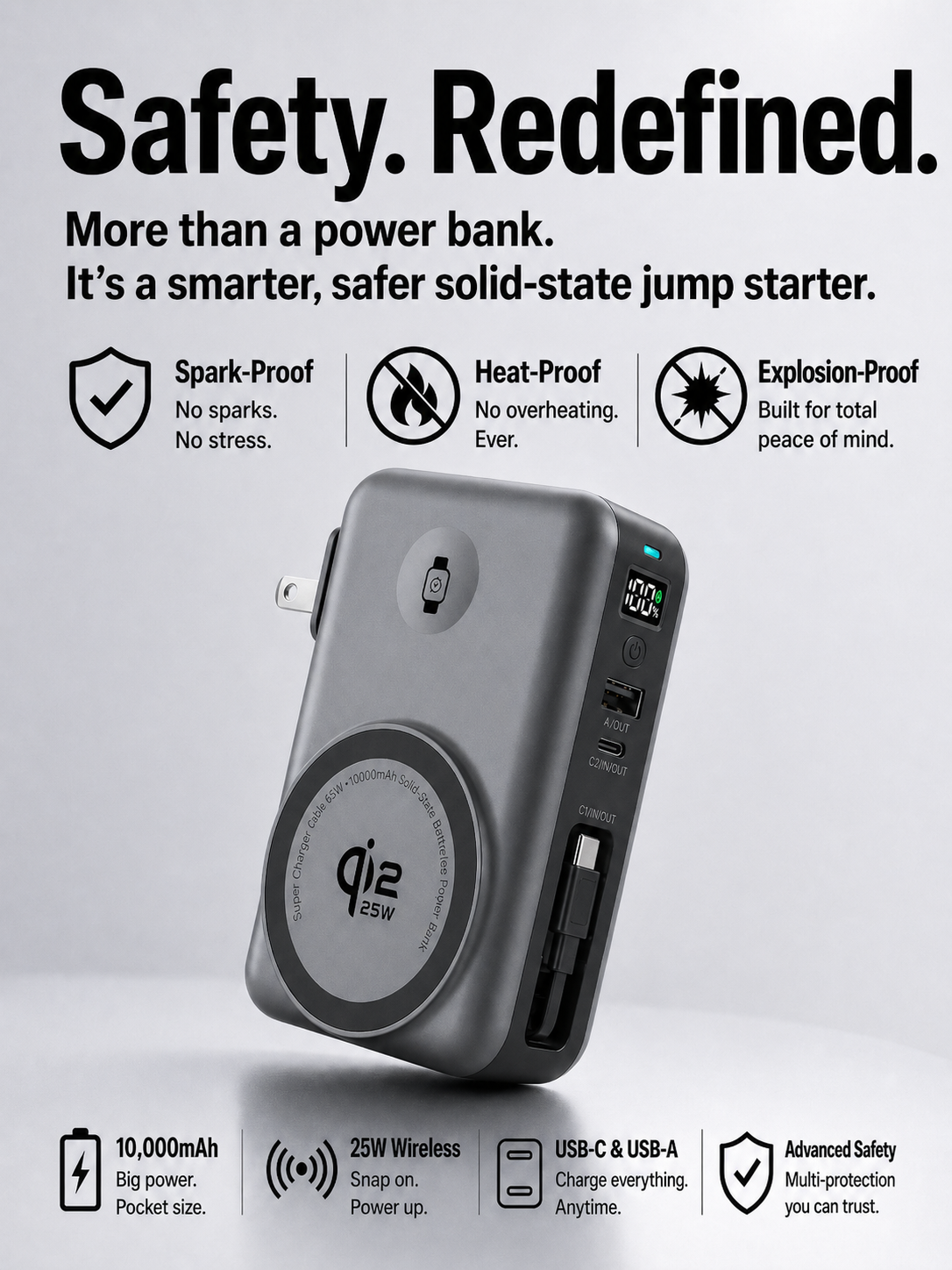 Meenova SolidPower X 10000mAh 5-in-1 Magnetic Power Bank & 65W Wall Charger, 25W Qi2.2, Built-In USB-C Cable