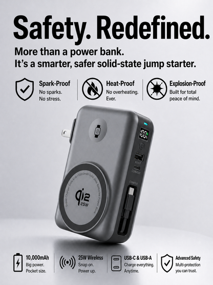 Meenova SolidPower X 10000mAh 5-in-1 Magnetic Power Bank & 65W Wall Charger, 25W Qi2.2, Built-In USB-C Cable