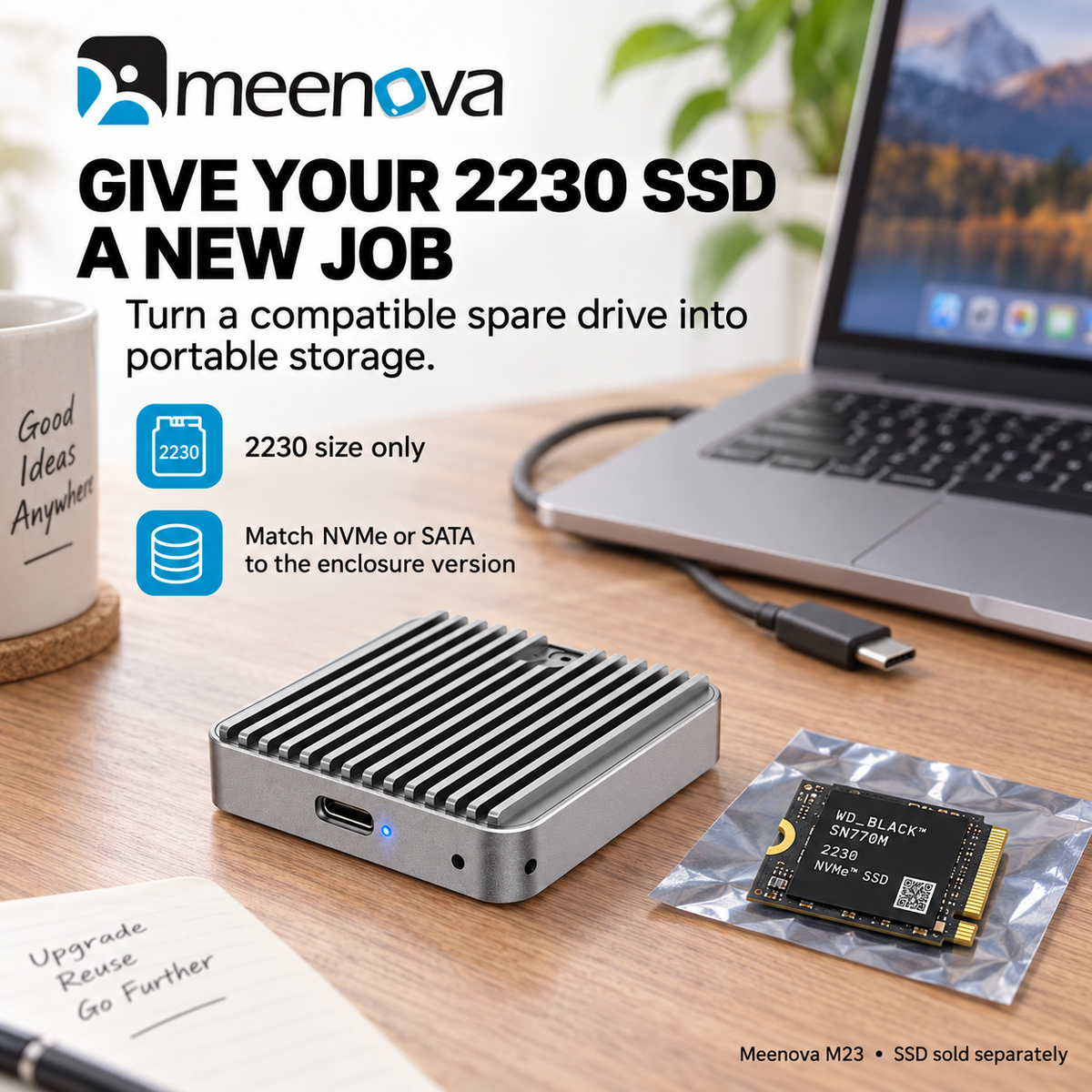 Meenova M23 M.2 2230 SSD Enclosure – 10Gbps USB 3.2 Gen 2, NVMe / NVMe + SATA NGFF, Aluminum External SSD Case, Up to 4TB