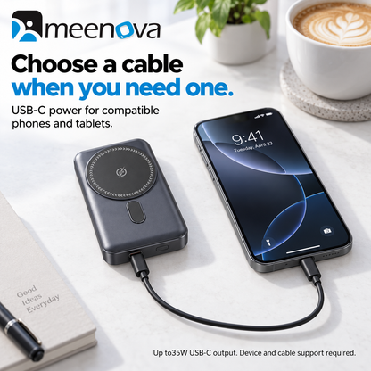 Meenova CK801 Qi2.2 25W Magnetic Wireless Power Bank 10000mAh with 35W USB-C Fast Charging, Apple Watch Charger & Foldable Stand