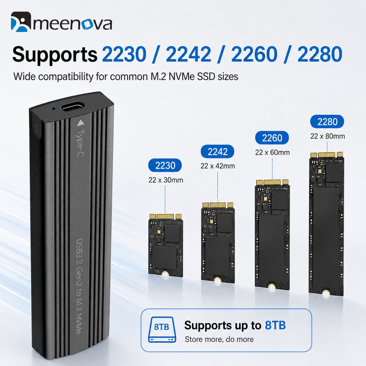 Meenova 10Gbps M.2 NVMe SSD Enclosure with C-C-A Cable – USB 3.2 Gen 2 Type-C Tool-Free Aluminum Case