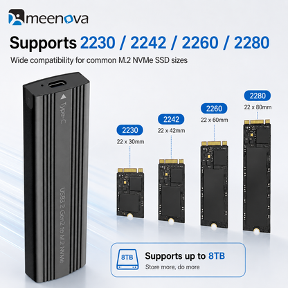Meenova 10Gbps M.2 NVMe SSD Enclosure with C-C-A Cable – USB 3.2 Gen 2 Type-C Tool-Free Aluminum Case