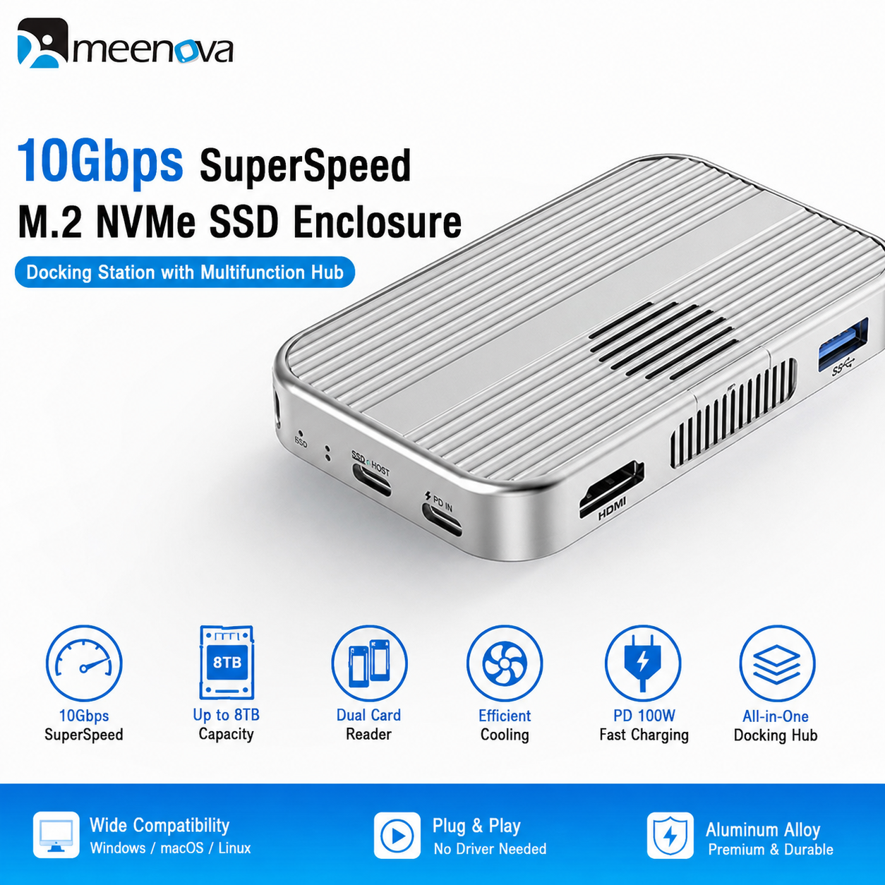 Meenova Magnetic M.2 NVMe/SATA SSD Enclosure & 6-in-1 USB-C Dock – 10Gbps, 4K@60Hz HDMI, PD 100W, SD/TF, Up to 8TB