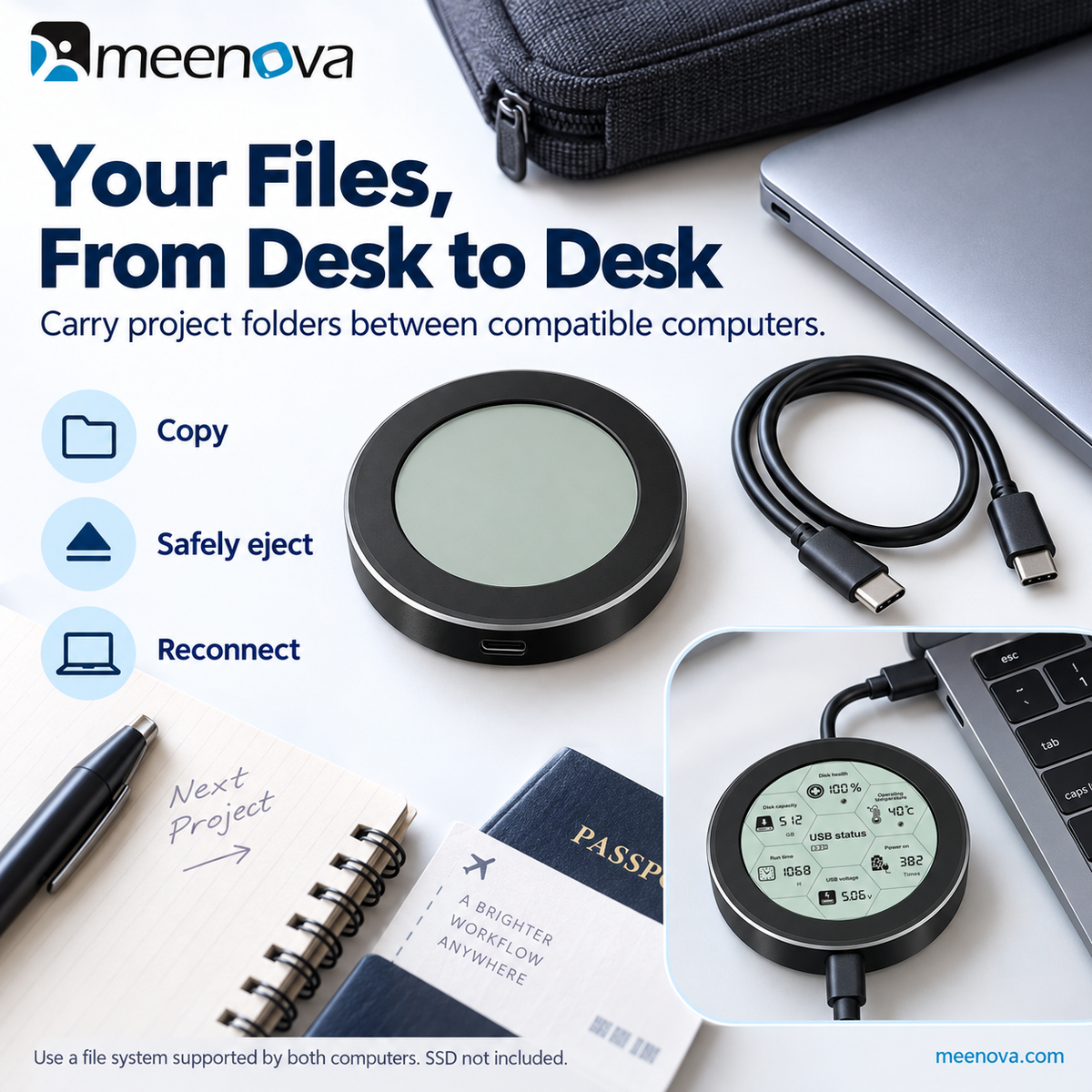 Meenova 10Gbps Smart Display M.2 NVMe SSD Enclosure for 2230/2242 – USB 3.2 Gen 2, Real-Time Drive Monitoring, Aluminum Cooling