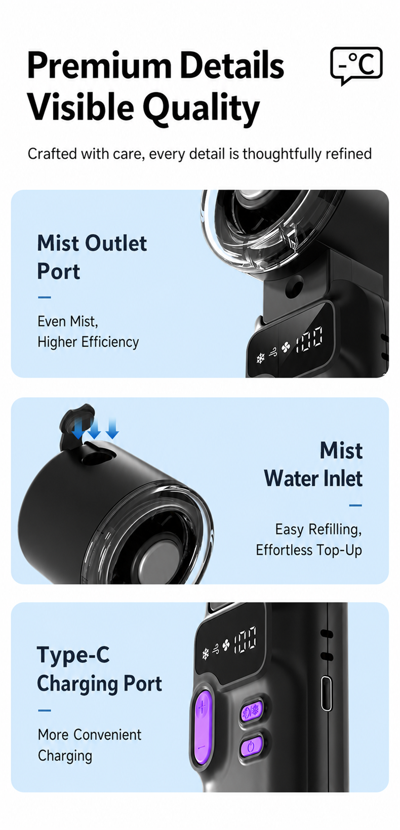 Portable Misting Handheld Fan, Foldable 5-Speed Cooling Fan with 3600mAh Battery and Type-C Charging