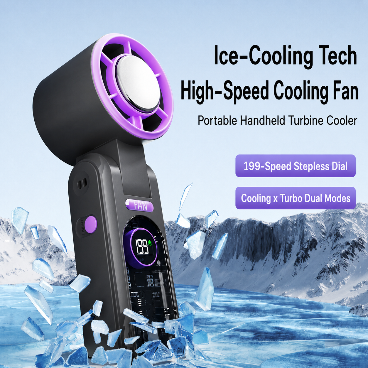 F17 Portable Ice-Cooling Handheld Fan, 3000mAh Rechargeable Mini Turbo Fan with Cooling Plate, 199 Speeds & Digital Display