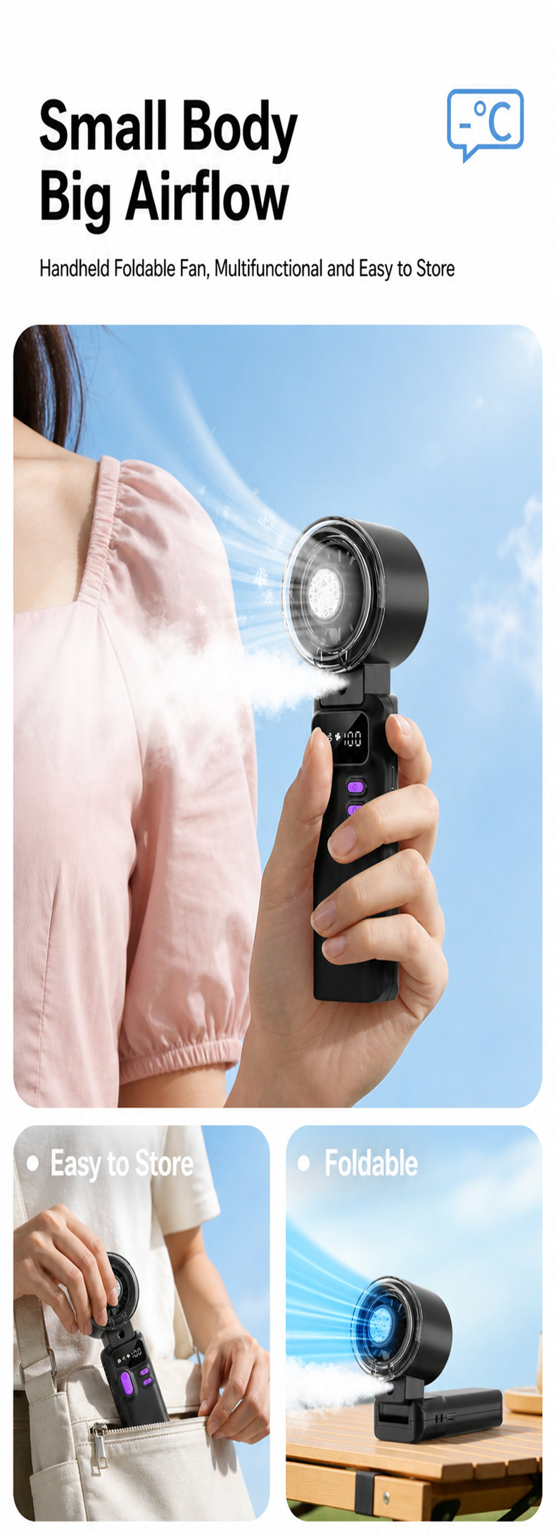 Portable Misting Handheld Fan, Foldable 5-Speed Cooling Fan with 3600mAh Battery and Type-C Charging