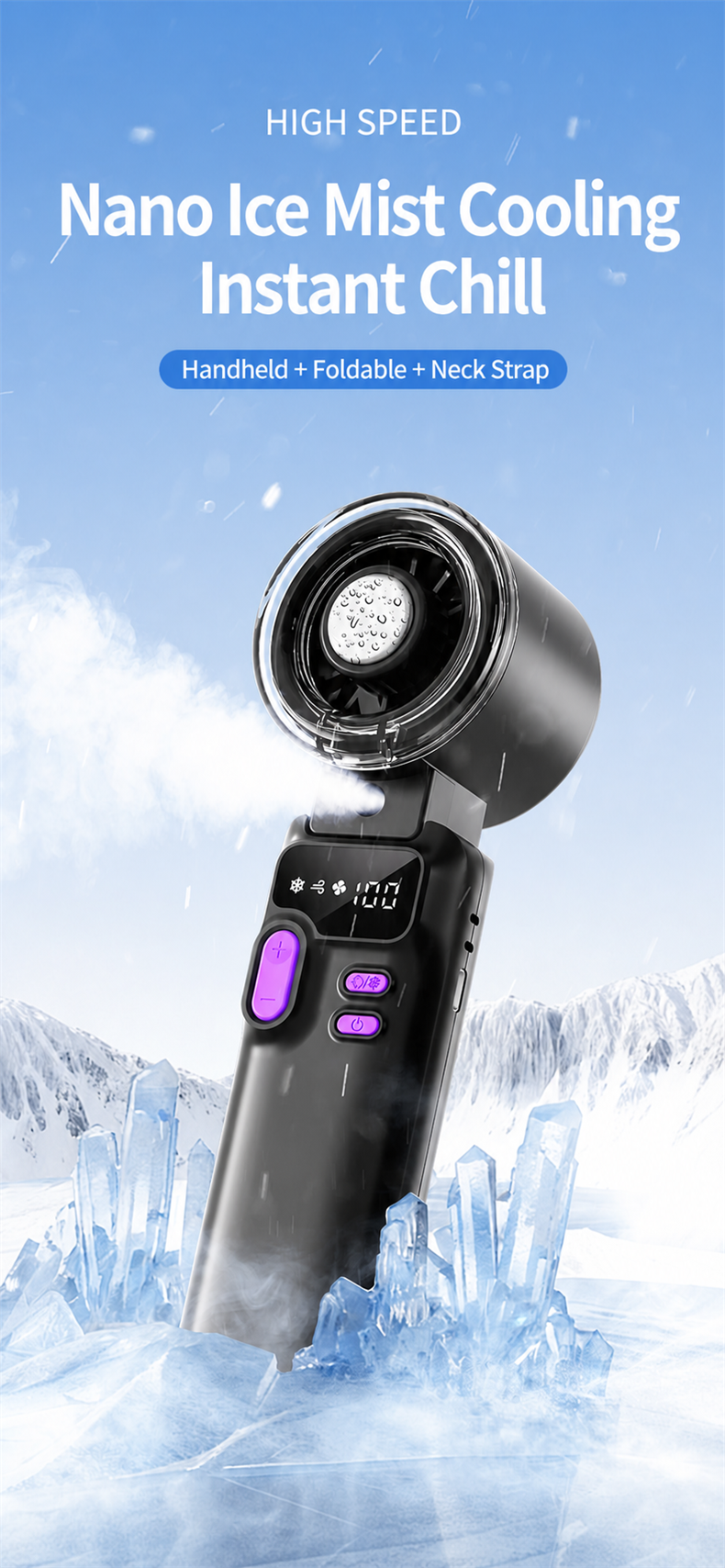 Portable Misting Handheld Fan, Foldable 5-Speed Cooling Fan with 3600mAh Battery and Type-C Charging