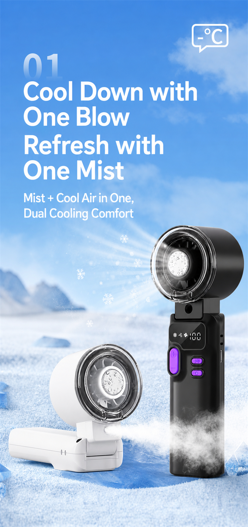Portable Misting Handheld Fan, Foldable 5-Speed Cooling Fan with 3600mAh Battery and Type-C Charging