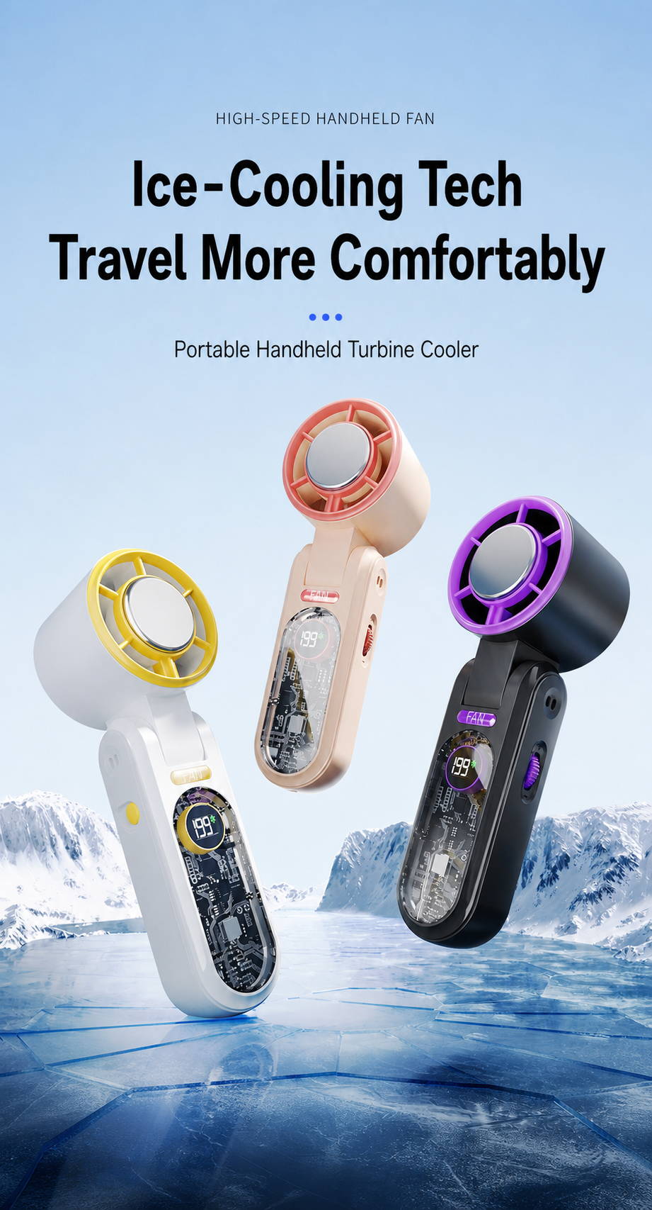 F17 Portable Ice-Cooling Handheld Fan, 3000mAh Rechargeable Mini Turbo Fan with Cooling Plate, 199 Speeds & Digital Display