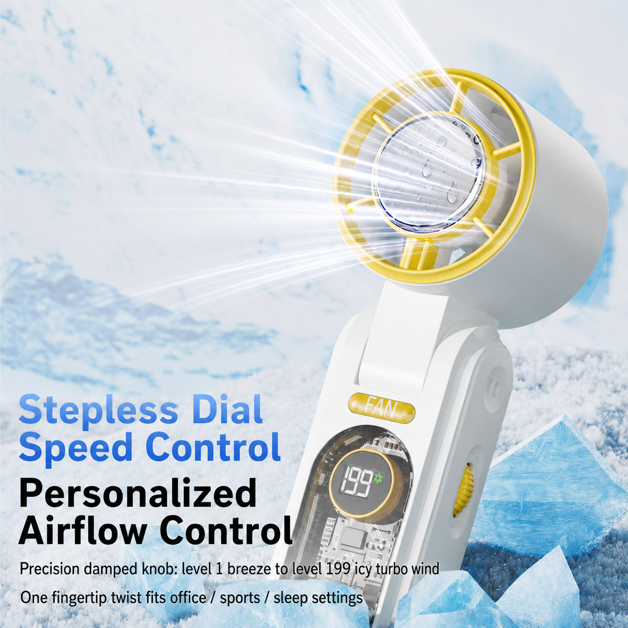 F17 Portable Ice-Cooling Handheld Fan, 3000mAh Rechargeable Mini Turbo Fan with Cooling Plate, 199 Speeds & Digital Display