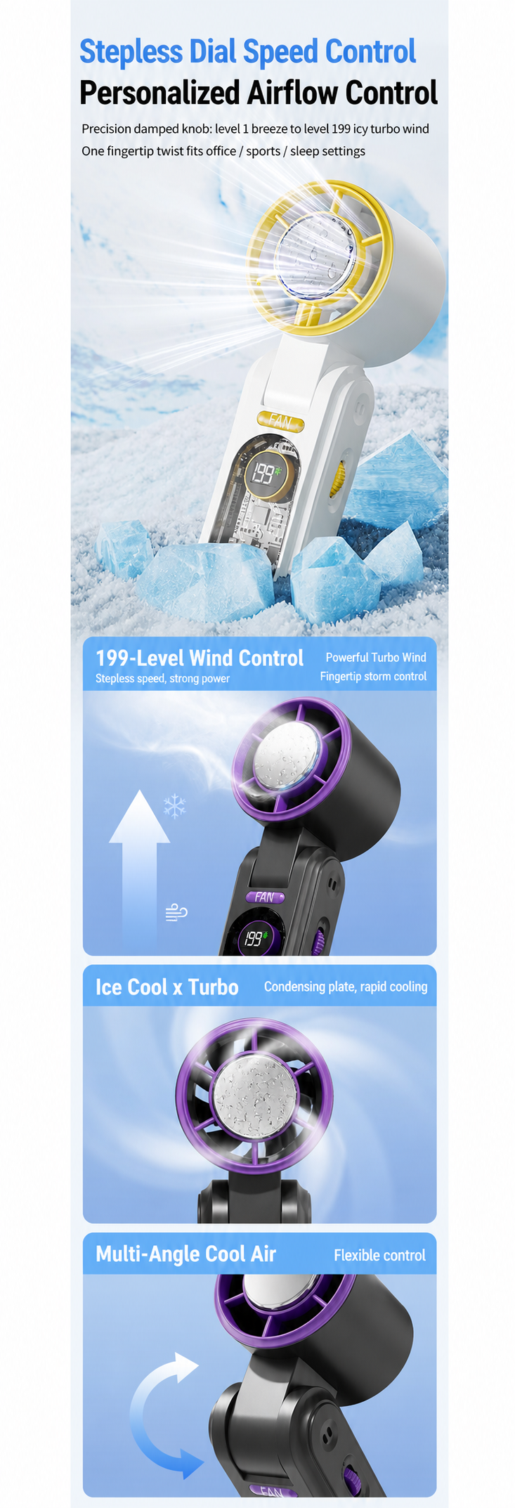 F17 Portable Ice-Cooling Handheld Fan, 3000mAh Rechargeable Mini Turbo Fan with Cooling Plate, 199 Speeds & Digital Display