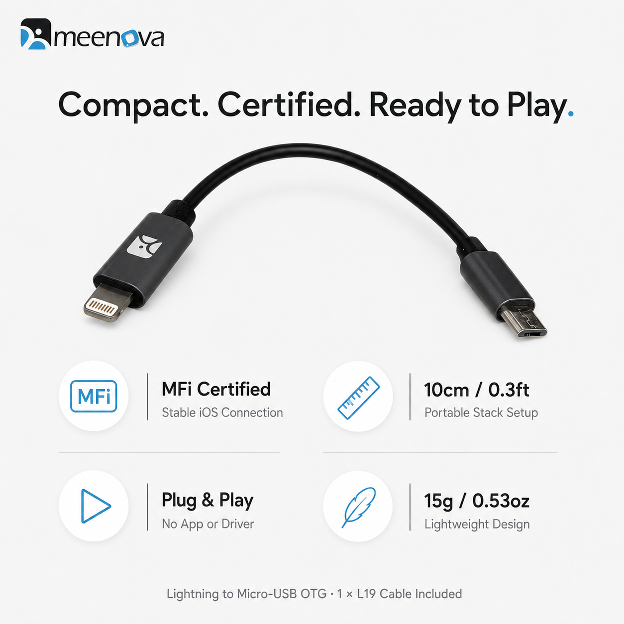 Meenova L19 Lightning to Micro USB OTG Cable for FiiO USB DACs, MFi Certified, 10cm (0.3ft), for FiiO Q1 MKII/Q5s/Q5