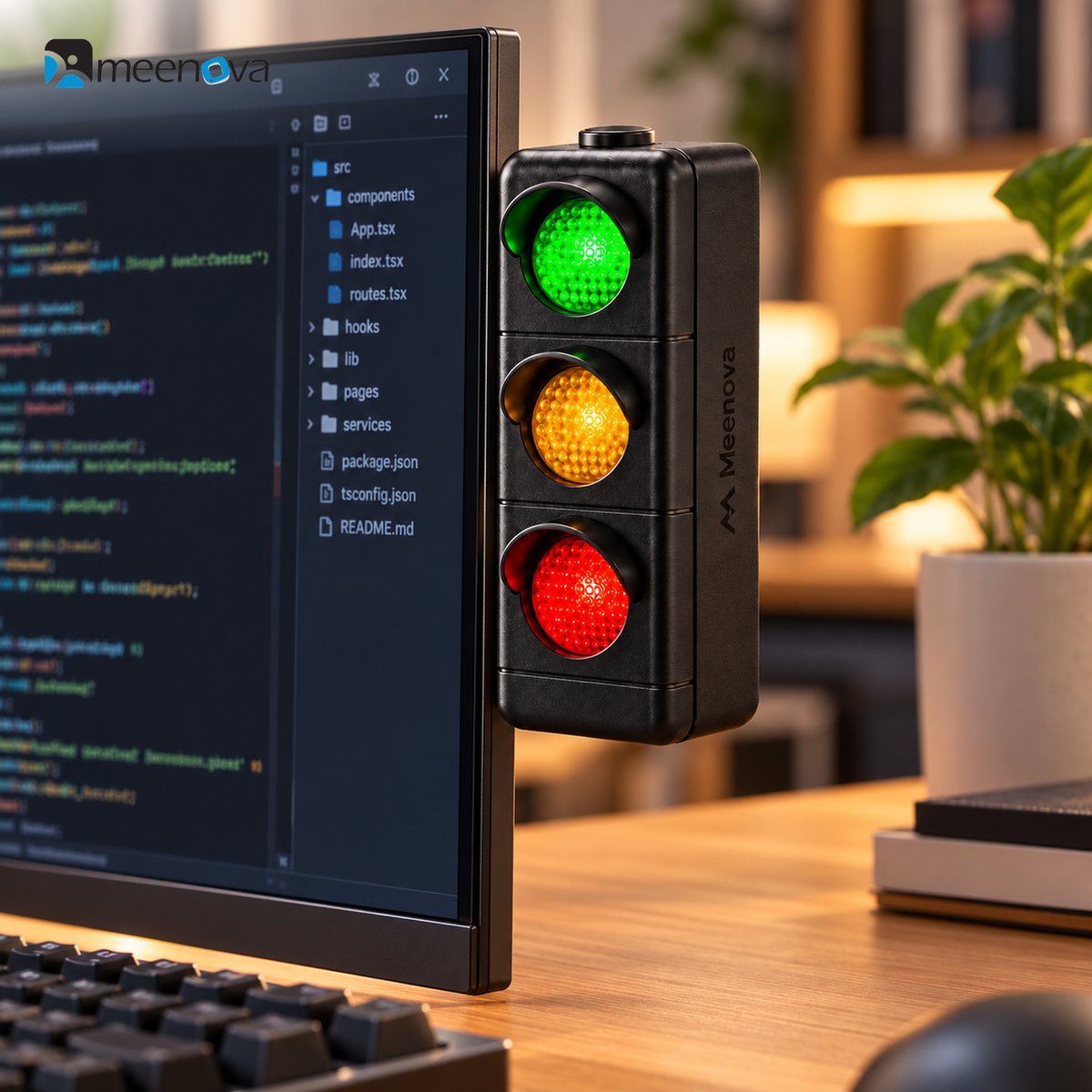 Meenova Light V3 black rechargeable status light beside a monitor