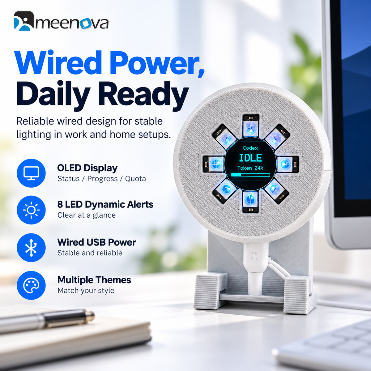 Meenova Light V3 silver gray wired power OLED and LED features